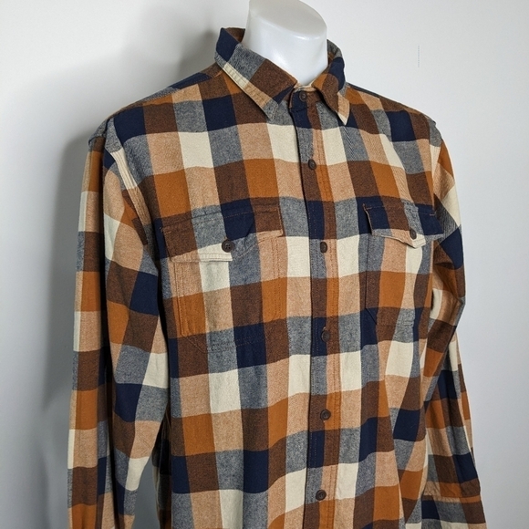 ✨3/$15 Red Head orange blue cream plaid flannel 100% cotton button up L - Picture 2 of 8